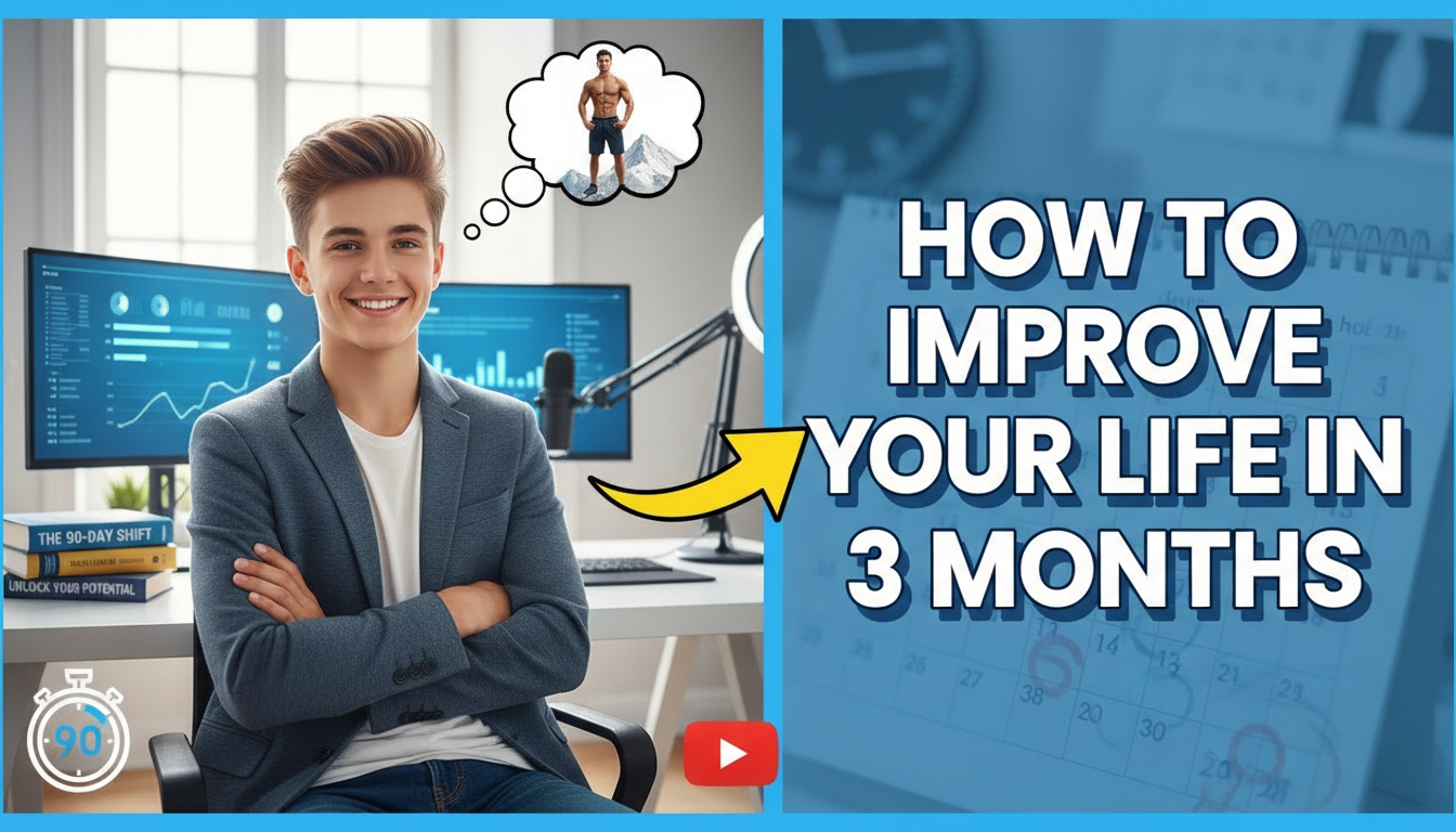 A smart young man in his bedroom with text "How to improve your life in 3 months".